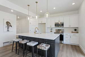 Kitchen with white cabinets, stainless steel appliances, a sink, and light wood-type flooring
