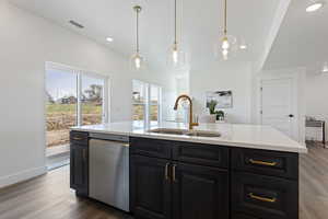 Kitchen featuring a sink, dark cabinets, stainless steel dishwasher, and light countertops