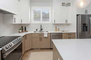 Kitchen featuring tasteful backsplash, a sink, light countertops, ventilation hood, and stainless steel appliances