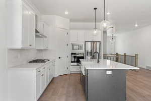 Kitchen with backsplash, appliances with stainless steel finishes, light wood-style flooring, and light countertops