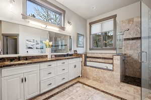 Bathroom featuring plenty of natural light, a sink, double vanity, and a shower stall