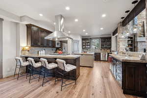 Kitchen featuring a sink, light wood-style flooring, stainless steel appliances, island exhaust hood, and glass insert cabinets