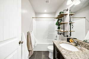 Full bathroom with tile patterned flooring, vanity, toilet, shower / bath combination, and visible vents