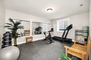 Exercise room with baseboards and visible vents