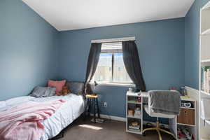 Bedroom with carpet floors and baseboards
