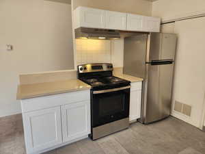Kitchen featuring white cabinetry, appliances with stainless steel finishes, under cabinet range hood, visible vents, and decorative backsplash