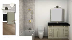 Bathroom featuring wood finished floors, vanity, baseboards, toilet, and tub / shower combination
