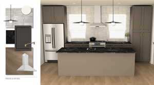 Kitchen with wall chimney range hood, decorative backsplash, dark stone countertops, and refrigerator with ice dispenser