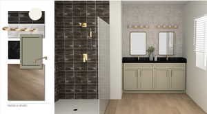 Bathroom featuring tiled shower, a sink, and wood finished floors