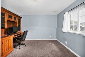 Carpeted bedroom with a textured ceiling, visible vents, and baseboards