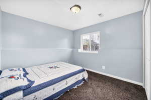 Carpeted bedroom with baseboards and visible vents