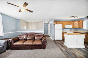 Living area featuring a ceiling fan, visible vents, and dark wood-type flooring