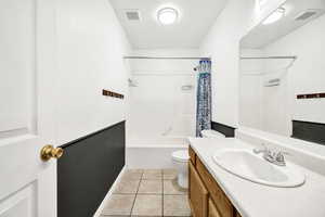 Bathroom with visible vents, tile patterned flooring, toilet, and vanity