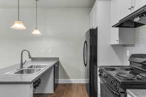 Kitchen featuring a sink, white cabinets, black appliances, under cabinet range hood, and dark wood-type flooring