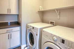Laundry room with washer and dryer. Dryer has electric and gas hookup
