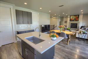 Kitchen with modern cabinets, stainless steel dishwasher, wood finished floors, a sink, and light countertops