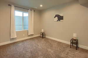 Downstairs Master bedroom. Carpeted empty room with baseboards, recessed lighting, and visible vents