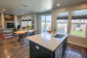 Kitchen featuring a glass covered fireplace, dark wood-style floors, light countertops, a sink, and dishwasher