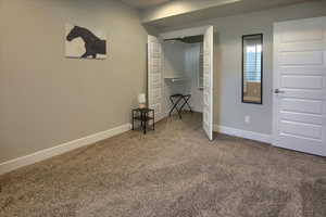 Downstairs Master bedroom featuring carpet floors and baseboards