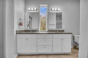 Bathroom featuring double vanity, toilet, a sink, and wood finished floors