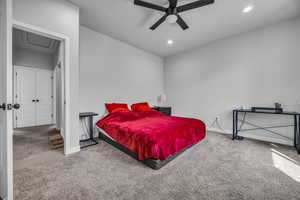 Bedroom featuring carpet floors, recessed lighting, baseboards, and ceiling fan