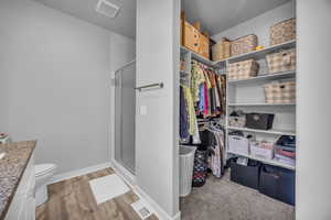 Spacious closet with visible vents and light wood-style flooring