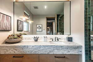 Full bathroom with visible vents, tiled shower, and vanity
