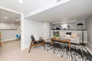 Basement living room showing seating area and shelf foundation.  Great as a TV room or sitting room.