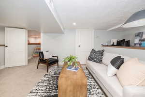 Basement living room showing seating area and shelf foundation.  Great as a TV room or sitting room. Closed door leads to utility room.