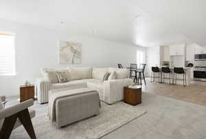 Living room with light carpet