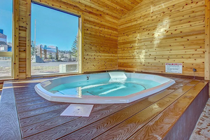 Miscellaneous room with a city view, wooden walls, visible vents, and a jacuzzi