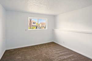 Unfurnished room with carpet floors, a textured ceiling, and baseboards