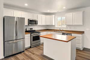 Kitchen featuring white cabinets, a sink, wooden counters, stainless steel appliances, and dark wood-type flooring