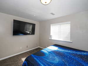 Carpeted bedroom featuring baseboards, a textured ceiling, and visible vents