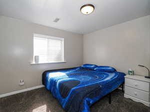 Carpeted bedroom featuring visible vents and baseboards