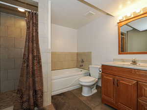 Bathroom with a tile shower, tile patterned flooring, toilet, a bathtub, and visible vents