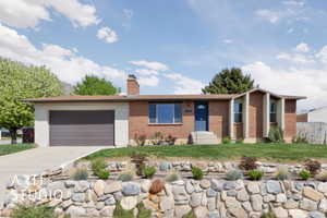 Ranch-style home featuring concrete driveway, brick siding, a chimney, and a garage