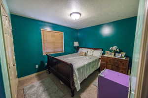 Carpeted bedroom with baseboards and a textured ceiling