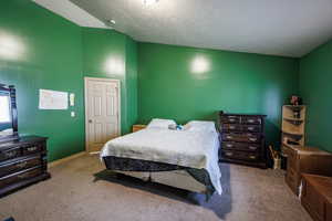 Carpeted bedroom featuring baseboards and a textured ceiling