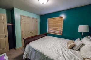 Carpeted bedroom with a textured ceiling, baseboards, and a closet