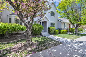 View of front facade with a front yard and stucco siding