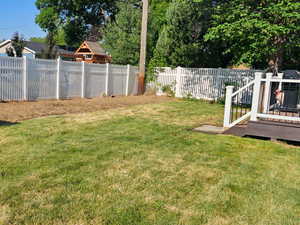 Fenced backyard with a deck