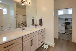 Bathroom with vanity, baseboards, and wood finished floors