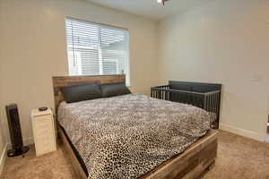 Bedroom with carpet floors and baseboards