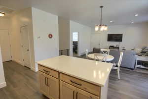 Kitchen with recessed lighting, pendant lighting, dark wood-style floors, and open floor plan