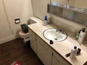 Bathroom with baseboards, vanity, toilet, and wood finished floors