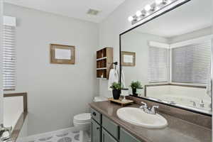 Master bathroom featuring separate shower and soaking tub, vanity and toilet