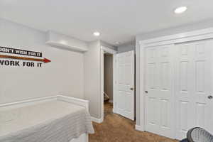 Basement bedroom with closet.