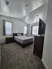 Carpeted bedroom with baseboards, a textured ceiling, and lofted ceiling