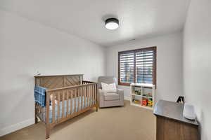Carpeted bedroom featuring baseboards, a crib, and visible vents